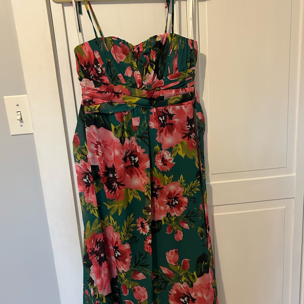 NWT Floral Green and Pink Print Tie-Strap Midi Dress